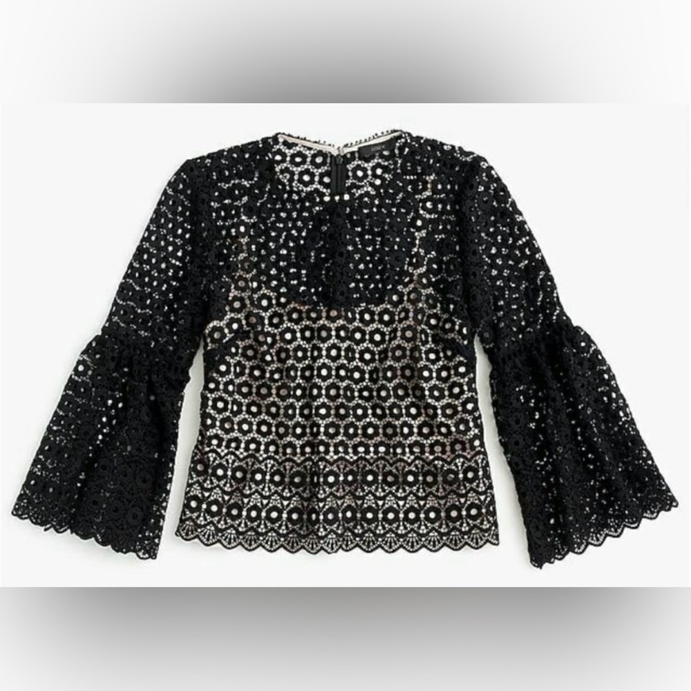 J CREW Daisylace Bell Sleeve Top With Camisole Black Beige Size 8